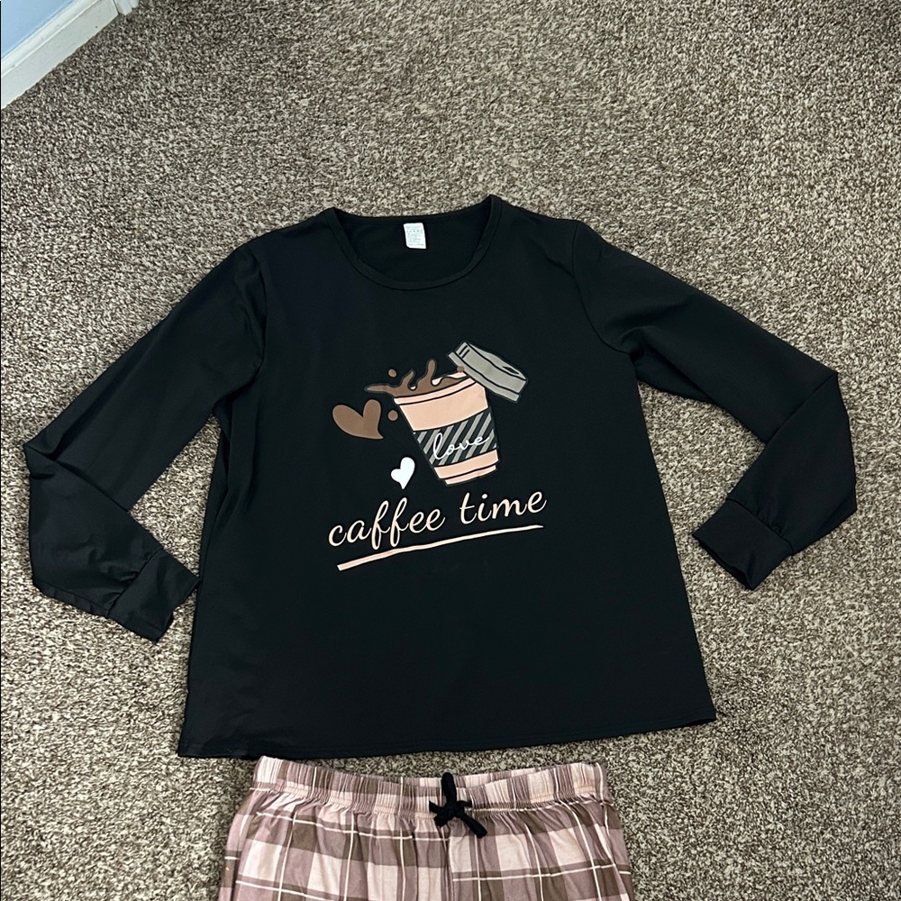 Women's Coffee Time Pajama Set - Black and Pink Plaid